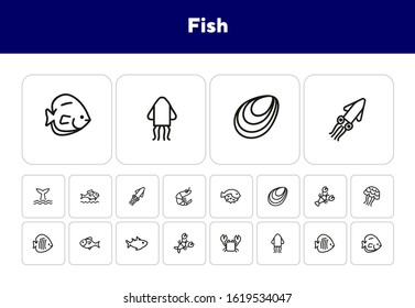 Fish line icon set. Set of line icons on white background. Maritime concept. Shell, turtle, fish, whale. Vector illustration can be used for topics like sea, ocean