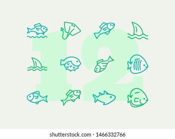 Fish line icon set. Shark, stingray, flounder, puffer fish. Nature concept. Can be used for topics like seafood, fish market, sea, ocean