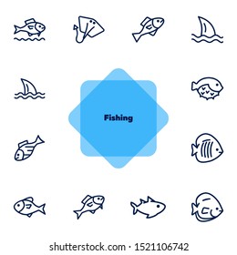 Fish line icon set. Shark, stingray, flounder, puffer fish. Nature concept. Can be used for topics like seafood, fish market, sea, ocean