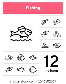 Fish line icon set. Shark, stingray, flounder, puffer fish. Nature concept. Can be used for topics like seafood, fish market, sea, ocean
