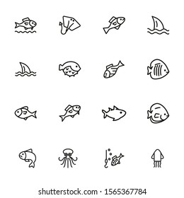 Fish line icon set. Shark, stingray, flounder, puffer fish. Nature concept. Can be used for topics like seafood, fish market, sea, ocean