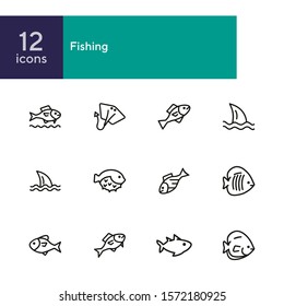 Fish line icon set. Shark, stingray, flounder, puffer fish. Nature concept. Can be used for topics like seafood, fish market, sea, ocean