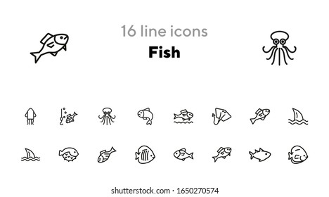 Fish line icon set. Shark, stingray, flounder, puffer fish. Nature concept. Can be used for topics like seafood, fish market, sea, ocean