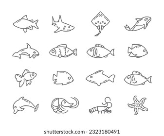 fish line icon set with shark, orca, starfish