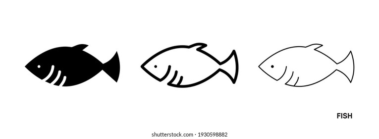 Fish line icon set. Such icons include thin, thick and silhouette fish icon set. Editable line. Fish icon. Fish logo template. Creative vector symbol of fishing club or online web shop.