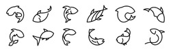 Symbolsatz Für Die Fischlinie,Fisch Bezogene Symbole In Der Vektorgrafik Schwarz-Weiß-Set