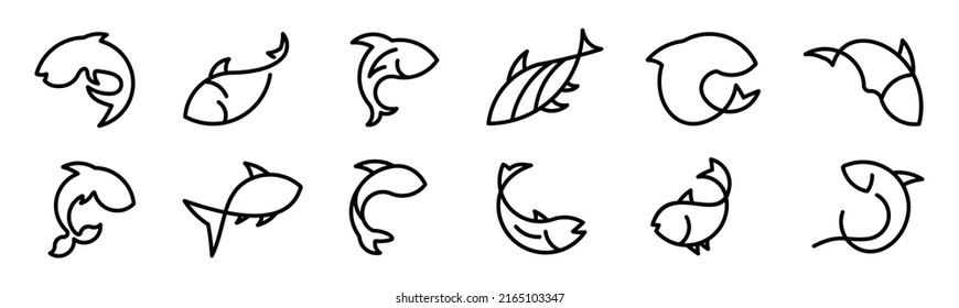 Fish line icon set Fish related icons thin vector set black   white