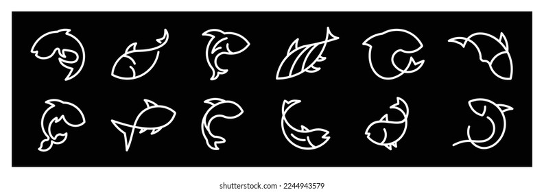 Fish line icon set,Fish related icons thin vector set black and white