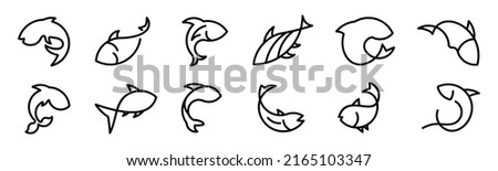 Fish line icon set,Fish related icons thin vector set black and white