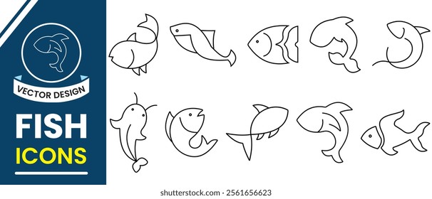 Fish line icon, silhouette, vector set. Fish icons, vector set. Fish vector illustration.