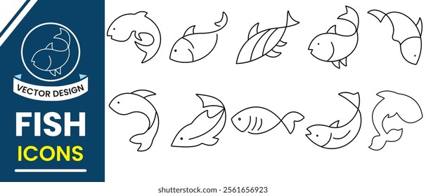 Fish line icon, silhouette, vector set. Fish icons, vector set. Fish vector illustration.