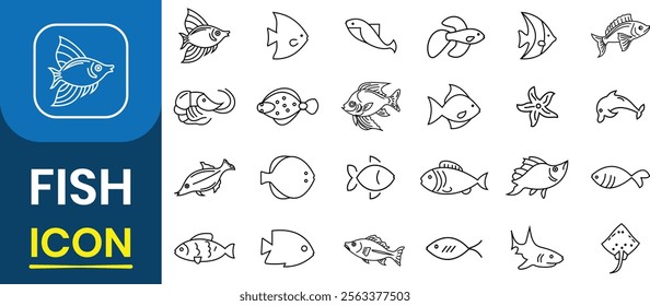 Fish line icon vector collection. Fish icon set. River fishing symbol, sign. Fish icon, seafood or farm water animal isolated flat design. Vector illustration.