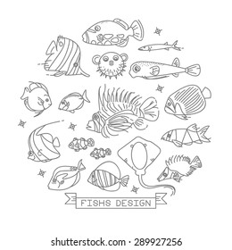 Fish line icons with outline style vector design elements