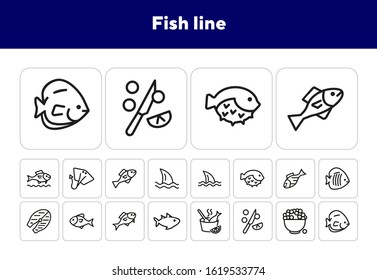 Fish line icons. Set of line icons. Aquarium fish, caviar, flounder. Fish concept. Vector illustration can be used for topics like cooking, marketing, water life