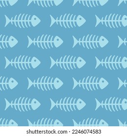 Fish line pattern. Flat vector sea, ocean or water animal sign. fishing symbol. Fishbones, fishbone print. Swims underwater. Fish skeleton bone icon. Seamless doodle. Cat food. World water day.