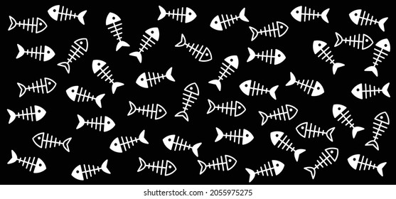 Fish line pattern. Vector sea, ocean or water animal. Fishing symbol. Fishbones, fishbone print. Swims underwater. Fish skeleton bone icon. Seamless. Environment, pollution, environmental pollution, 