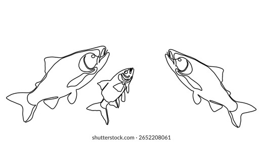 Linha de peixe salmão arte vetor ícone contínuo atum desenho truta frutos do mar. Linha de salmão peixe uma simples mão esboço ilustração água tipo comida gancho linear mar fin lagoa dia esboço silhueta logotipo oceano.