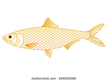 The fish. Line yellow drawing isolated on white. Icon style image for design layouts