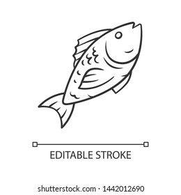 Fish linear icon. Restaurant menu. Fish species. Underwater sea animal, seafood. Carp, trout, tuna dish. Thin line illustration. Contour symbol. Vector isolated outline drawing. Editable stroke