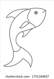 Fish - linear vector illustration for coloring - emerging fish. Jumping fish - a linear element for a children's coloring book about river and lake animals. Outline.