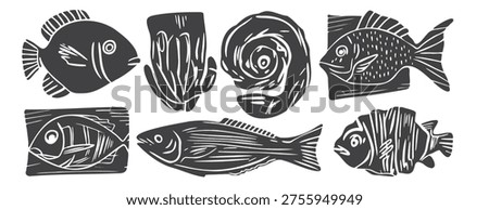 Fish linocut vector set: vintage woodcut marine animal illustrations with clownfish, discus and sardine. Black monochrome hand drawn ink stamp style for nautical sea ocean folk art and design poster