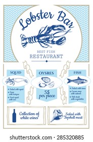 Fish and lobster bar poster. Menu for seafood restaurant. Simple drawn sketch in vector format.