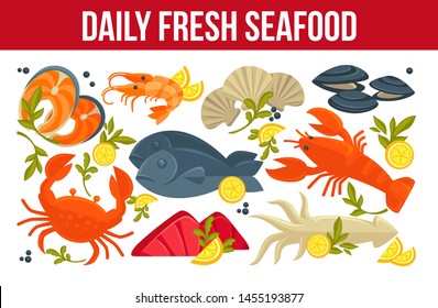 Fish and lobster daily fresh seafood crab and prawn or shrimp vector squid and salmon oysters and mollusks lemon slices and greenery, restaurant or cafe menu dishes and meals of underwater sea animals