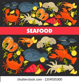 Fish and lobster seafood crab and prawn or shrimp vector squid and salmon oysters and mollusks lemon slices and greenery restaurant or cafe menu dishes and meals of underwater sea bottom animals.