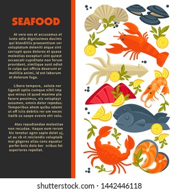 Fish and lobster seafood crab and prawn or shrimp vector squid and salmon oysters and mollusks lemon slices and greenery restaurant or cafe menu dishes and meals of underwater animals cooking.