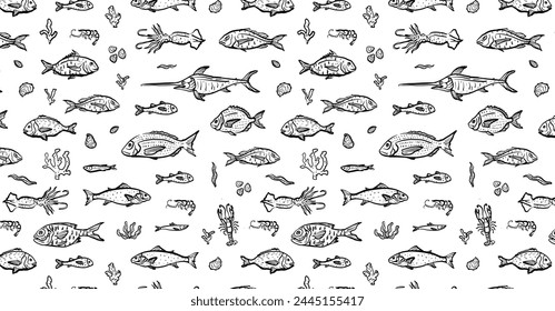 Fish, lobster, shrimp and squid hand drawn seamless pattern. Ocean fish and sea life outline wallpaper. Seafood elements on white background. Design for branding, restaurant and menu.