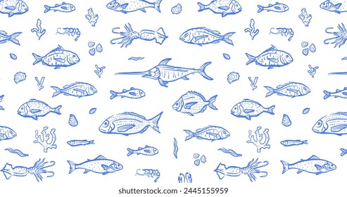 Fish, lobster, shrimp and squid hand drawn seamless pattern. Ocean fish and sea life outline wallpaper. Blue seafood elements on white background. Design for branding, restaurant and menu.