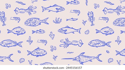 Fish, lobster, shrimp and squid hand drawn seamless pattern. Ocean fish and sea life outline wallpaper. Blue seafood elements on pink background. Design for branding, restaurant and menu.