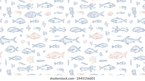 Fische, Hummer, Garnelen und Kalmare handgezeichnete nahtlose Muster. Meeresfische und Meereslebewesen zeichnen den Bildschirmhintergrund. Blaue und rote Elemente mit Meeresfrüchten auf rosa Hintergrund. Design für Branding, Restaurant und Menü.