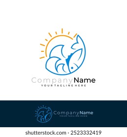 Fish logo and beach design combination, line style, sea icons