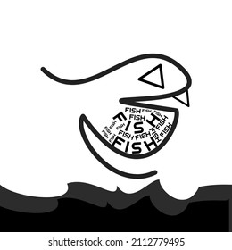 A fish logo in black and white style that contains fish typography inside it, and the fish is above the waving ocean
