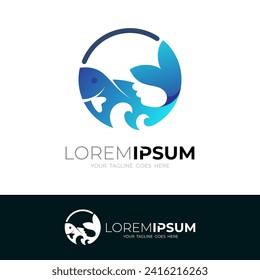 Fish logo with circle design template, marine life design, blue