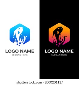 fish logo concept with flat blue and orange color style