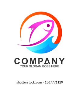 fish logo design template in circle shape,fishing vector logo