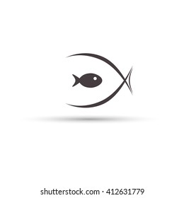 Fish logo or emblem. White and black isolated vector illustration.