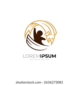 fish logo and fish a fisherman on a small boat, line style logos