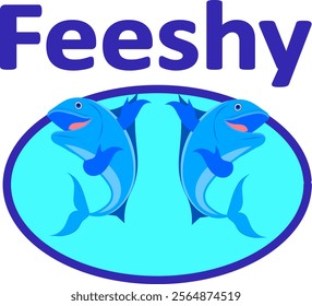 Fish Logo, Fishes Mascot, vector drawing of two blue fishes in a light blue circle gesturing with their fin hands pointing up towards the Restaurant Company Name Feeshy