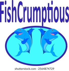 Fish Logo, Fishes Mascot, vector drawing of two blue fishes in a light blue circle gesturing with their fin hands pointing up towards the Restaurant Company Name FishCrumptious