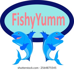 Fish Logo, Fishes Mascot, vector drawing of two blue fishes gesturing with their fin hands pointing up towards the Restaurant Company Name FishyYumm in a light blue circle 