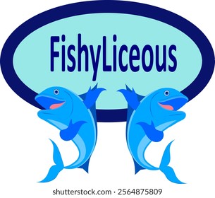 Fish Logo, Fishes Mascot, vector drawing of two blue fishes gesturing with their fin hands pointing up towards the Restaurant Company Name FishyLiciceous in a light blue circle