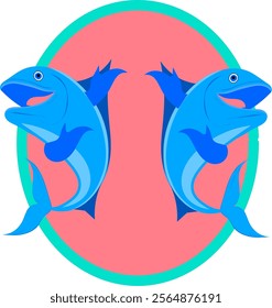 Fish Logo, Fishes Mascot, vector drawing of two blue fishes gesturing with their fin hands pointing towards the circle behind them which is pink in color with a light blue outline