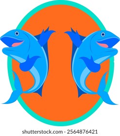 Fish Logo, Fishes Mascot, vector drawing of two blue fishes gesturing with their fin hands pointing towards the circle behind them which is orange in color with a light blue outline