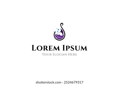 fish logo with fishing hook combination in flat design style