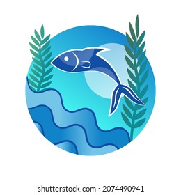 Fish logo icon. Blue fish and sea waves. Fish jumping out of the water. Out of frame. Fish and seaweeds. Fishing vector illustration. Isolated on white background. Water wave. Fishing symbol.