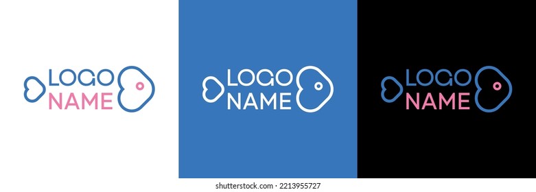 Logotipo de pescado, icono, plantilla de diseño, ilustración vectorial plana, idea cardíaca, signo. Restaurante de símbolos, empresa, producto, negocio, tienda, servicio. Concepto, amor, pesca, mariscos, comida oceánica, forma, animal.