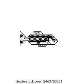 Fish logo icon. Pixel art flat style. Isolated vector illustration. 1-bit sprite. Design stickers, logo, mobile app.